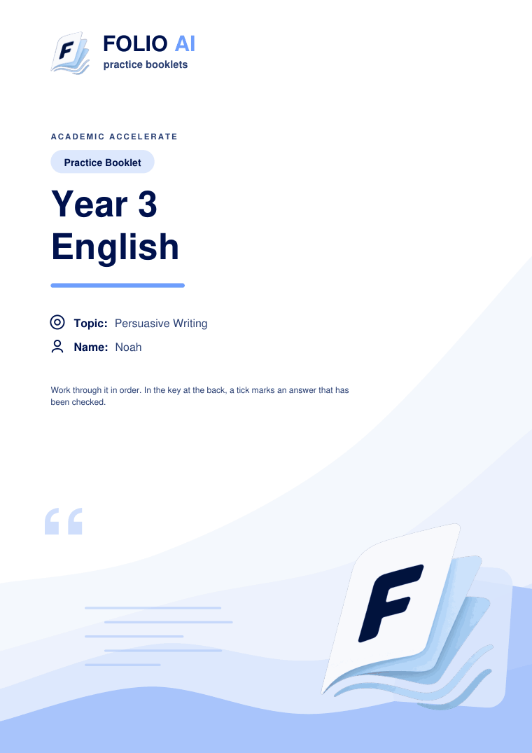 The cover of a Year 3 English practice booklet: FolioAI wordmark, the title Year 3 English, and the topic and student name underneath.