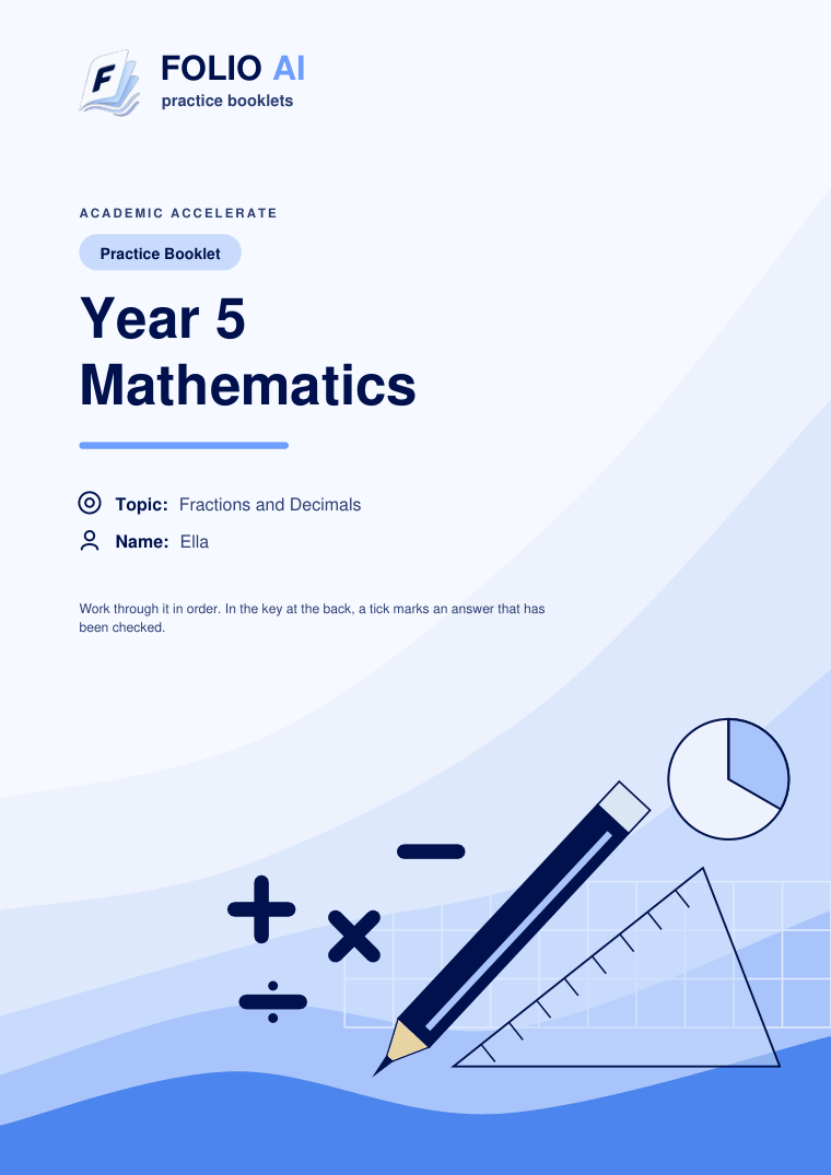 The cover of a Year 5 Mathematics practice booklet: FolioAI wordmark, the title Year 5 Mathematics, and the topic and student name underneath.