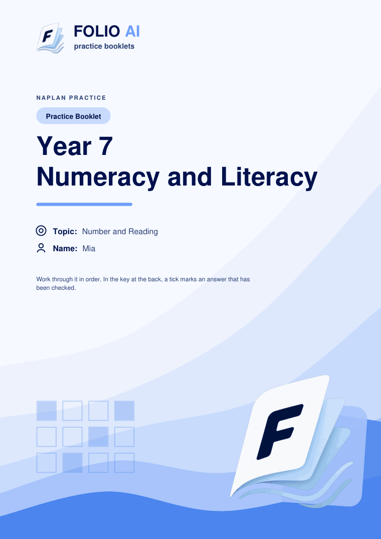 The cover of a Year 7 Numeracy and Literacy practice booklet: FolioAI wordmark, the title Year 7 Numeracy and Literacy, and the topic and student name underneath.